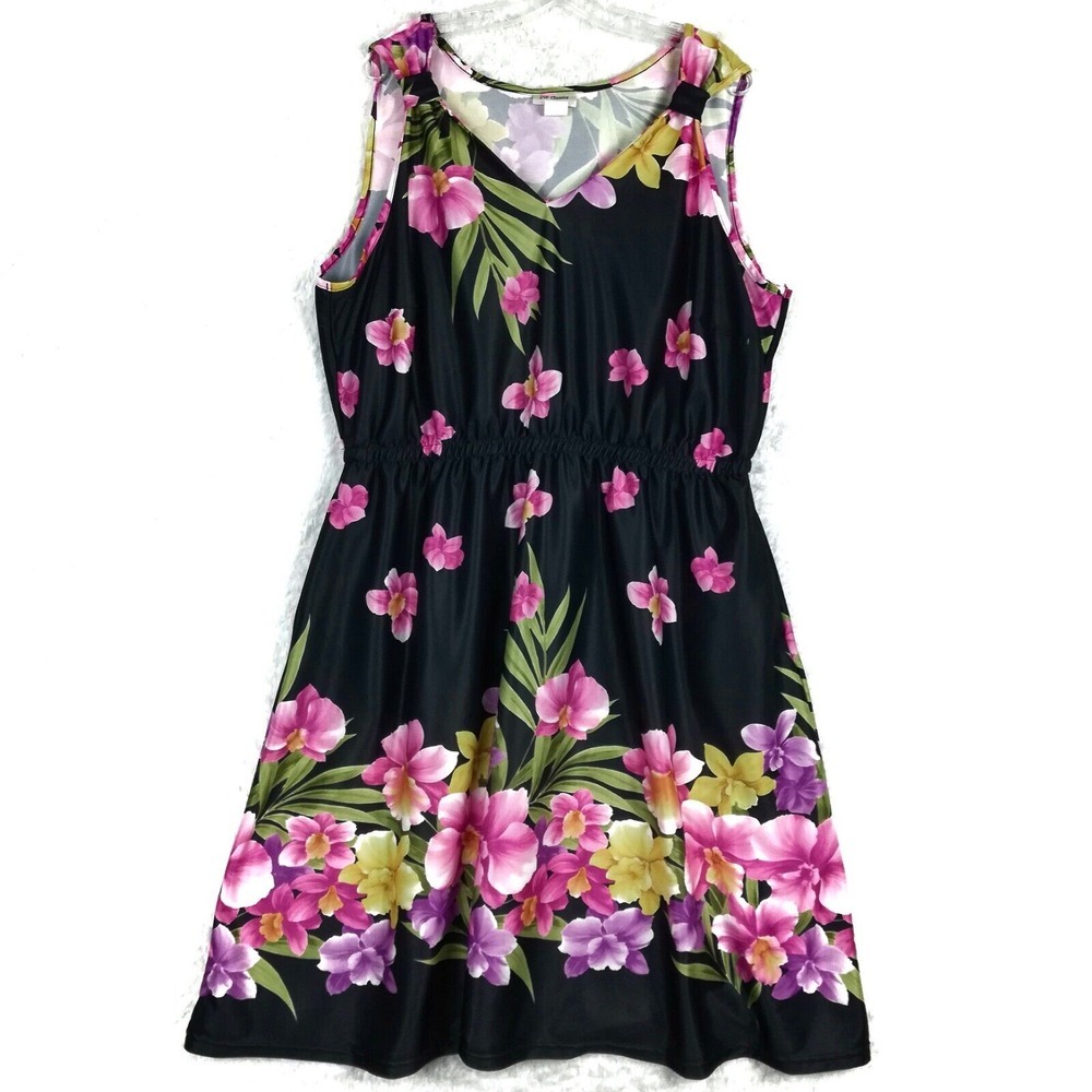 CW Classics Womens Dress Midi Shift Black Floral Sleeveless V Neck Plus 2X